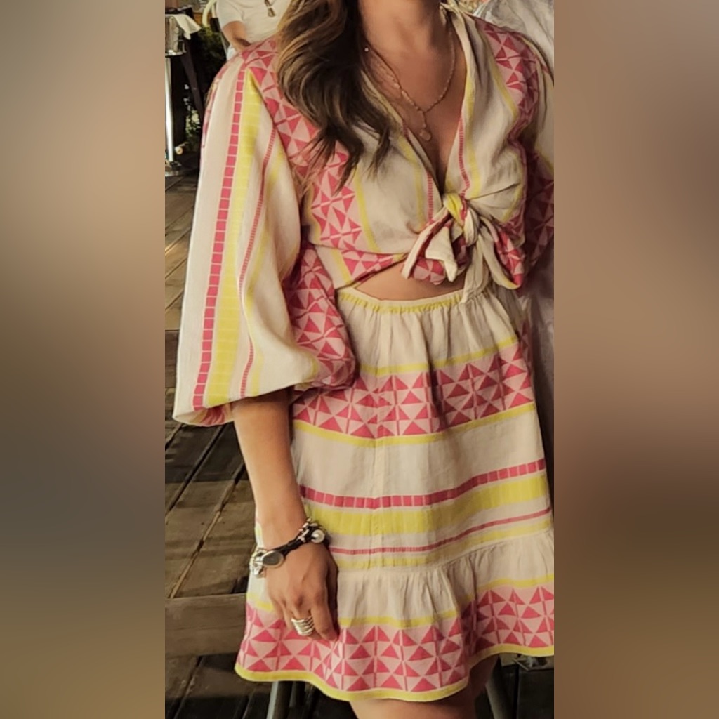 Pearl & Caviar Front-Tie Mini Dress In Cream, Pink & Yellow